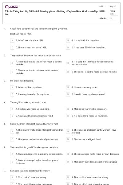 23 câu Tiếng Anh lớp 10 Unit 8: Making plans - Writing - Explore New Worlds có đáp án