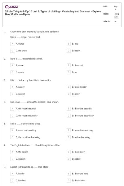20 câu Tiếng Anh lớp 10 Unit 9: Types of clothing - Vocabulary and Grammar - Explore New Worlds có đáp án