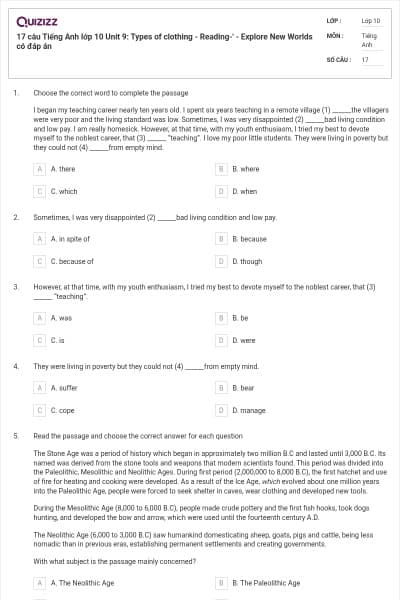 17 câu Tiếng Anh lớp 10 Unit 9: Types of clothing - Reading-' - Explore New Worlds có đáp án