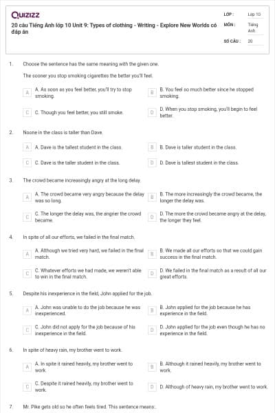 20 câu Tiếng Anh lớp 10 Unit 9: Types of clothing - Writing - Explore New Worlds có đáp án