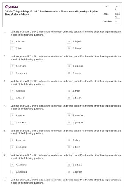20 câu Tiếng Anh lớp 10 Unit 11: Achievements - Phonetics and Speaking - Explore New Worlds có đáp án