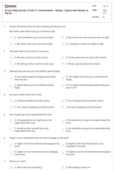 20 câu Tiếng Anh lớp 10 Unit 11: Achievements - Writing - Explore New Worlds có đáp án