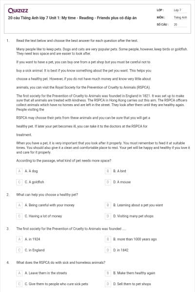 20 câu Tiếng Anh lớp 7 Unit 1: My time - Reading - Friends plus có đáp án