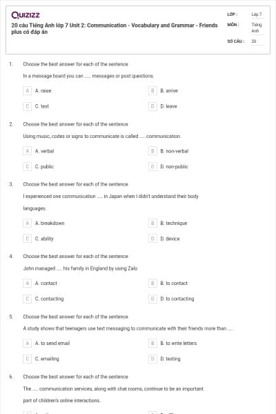20 câu Tiếng Anh lớp 7 Unit 2: Communication - Vocabulary and Grammar - Friends plus có đáp án