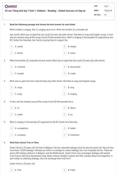 20 câu Tiếng Anh lớp 7 Unit 1: Hobbies - Reading - Global Success có đáp án