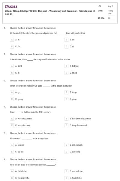 20 câu Tiếng Anh lớp 7 Unit 3: The past - Vocabulary and Grammar - Friends plus có đáp án