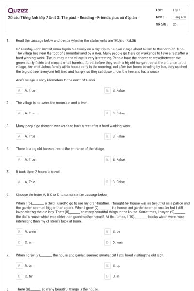 20 câu Tiếng Anh lớp 7 Unit 3: The past - Reading - Friends plus có đáp án