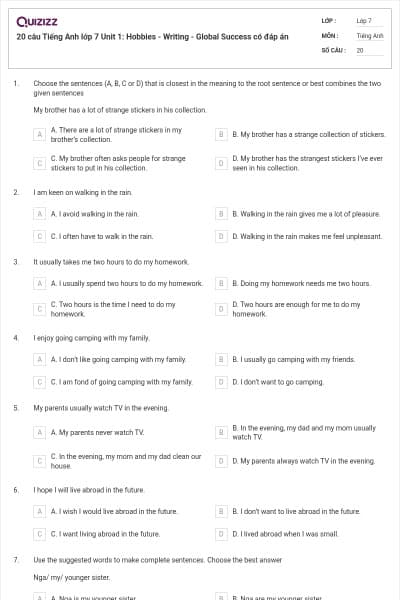 20 câu Tiếng Anh lớp 7 Unit 1: Hobbies - Writing - Global Success có đáp án