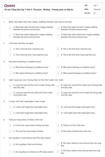 20 câu Tiếng Anh lớp 7 Unit 3: The past - Writing - Friends plus có đáp án