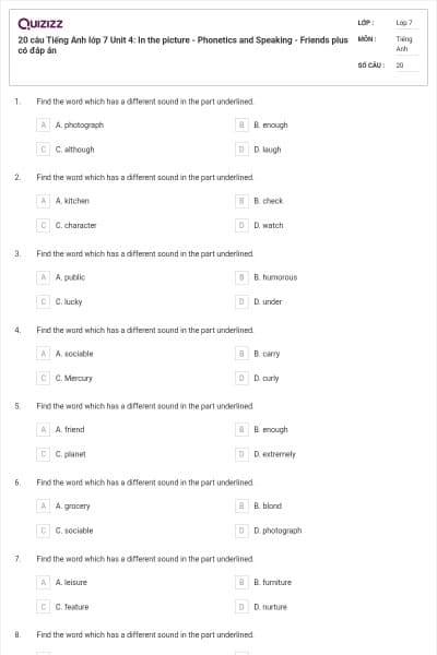 20 câu Tiếng Anh lớp 7 Unit 4: In the picture - Phonetics and Speaking - Friends plus có đáp án