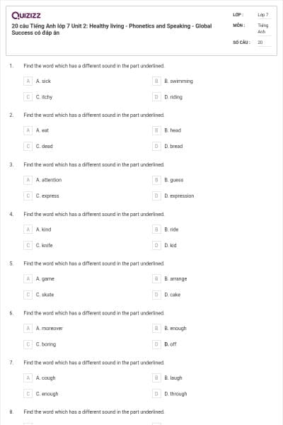 20 câu Tiếng Anh lớp 7 Unit 2: Healthy living - Phonetics and Speaking - Global Success có đáp án