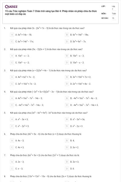 15 câu Trắc nghiệm Toán 7 Chân trời sáng tạo Bài 4: Phép nhân và phép chia đa thức một biến có đáp án