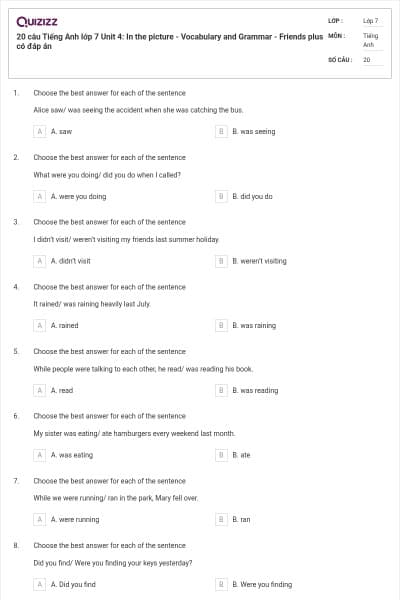 20 câu Tiếng Anh lớp 7 Unit 4: In the picture - Vocabulary and Grammar - Friends plus có đáp án