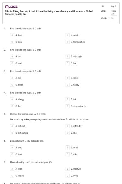 20 câu Tiếng Anh lớp 7 Unit 2: Healthy living - Vocabulary and Grammar - Global Success có đáp án
