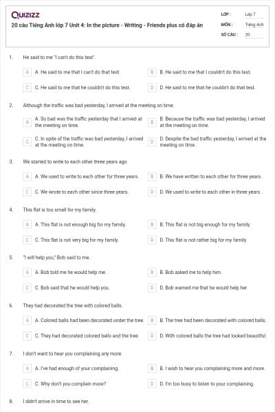 20 câu Tiếng Anh lớp 7 Unit 4: In the picture - Writing - Friends plus có đáp án