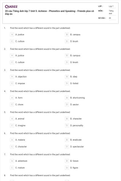 20 câu Tiếng Anh lớp 7 Unit 5: Achieve - Phonetics and Speaking - Friends plus có đáp án