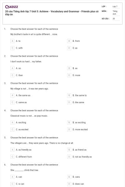 20 câu Tiếng Anh lớp 7 Unit 5: Achieve - Vocabulary and Grammar - Friends plus có đáp án