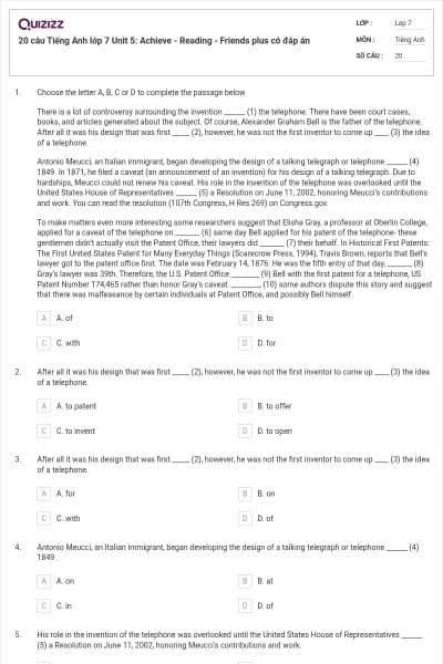20 câu Tiếng Anh lớp 7 Unit 5: Achieve - Reading - Friends plus có đáp án