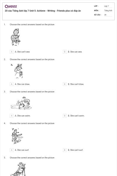20 câu Tiếng Anh lớp 7 Unit 5: Achieve - Writing - Friends plus có đáp án