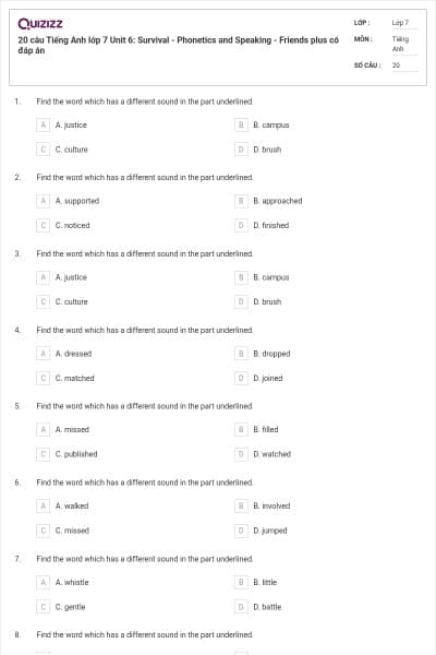 20 câu Tiếng Anh lớp 7 Unit 6: Survival - Phonetics and Speaking - Friends plus có đáp án