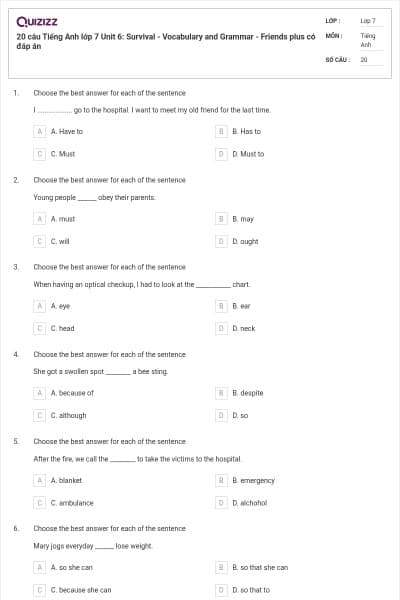 20 câu Tiếng Anh lớp 7 Unit 6: Survival - Vocabulary and Grammar - Friends plus có đáp án