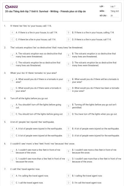 20 câu Tiếng Anh lớp 7 Unit 6: Survival - Writing - Friends plus có đáp án