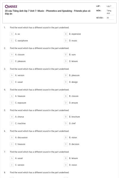 20 câu Tiếng Anh lớp 7 Unit 7: Music - Phonetics and Speaking - Friends plus có đáp án