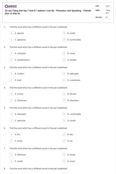 20 câu Tiếng Anh lớp 7 Unit 8: I believe I can fly - Phonetics and Speaking - Friends plus có đáp án