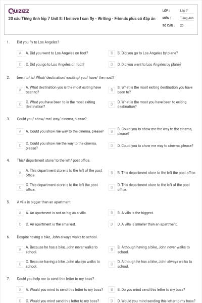 20 câu Tiếng Anh lớp 7 Unit 8: I believe I can fly - Writing - Friends plus có đáp án
