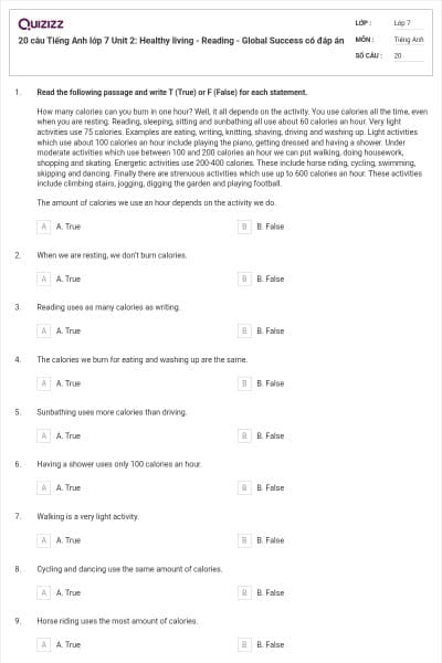 20 câu Tiếng Anh lớp 7 Unit 2: Healthy living - Reading - Global Success có đáp án