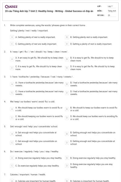 20 câu Tiếng Anh lớp 7 Unit 2: Healthy living - Writing - Global Success có đáp án