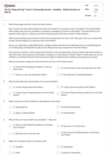 20 câu Tiếng Anh lớp 7 Unit 3: Community service - Reading - Global Success có đáp án