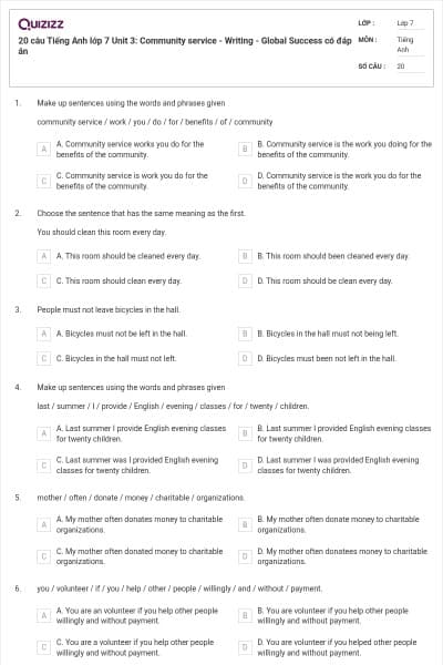 20 câu Tiếng Anh lớp 7 Unit 3: Community service - Writing - Global Success có đáp án