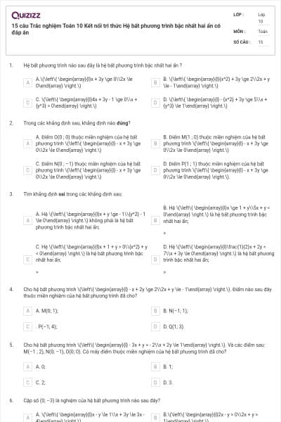 15 câu  Trắc nghiệm Toán 10 Kết nối tri thức Hệ bất phương trình bậc nhất hai ẩn có đáp án