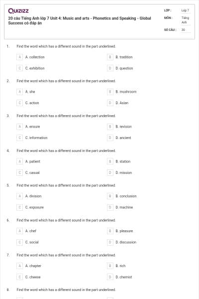 20 câu Tiếng Anh lớp 7 Unit 4: Music and arts - Phonetics and Speaking - Global Success có đáp án