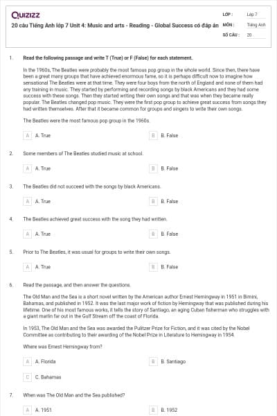 20 câu Tiếng Anh lớp 7 Unit 4: Music and arts - Reading - Global Success có đáp án