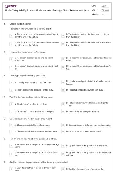 20 câu Tiếng Anh lớp 7 Unit 4: Music and arts - Writing - Global Success có đáp án