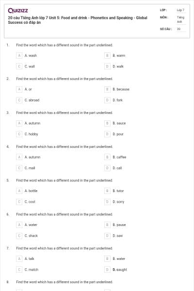 20 câu Tiếng Anh lớp 7 Unit 5: Food and drink - Phonetics and Speaking - Global Success có đáp án