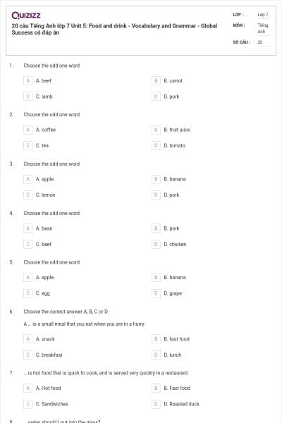 20 câu Tiếng Anh lớp 7 Unit 5: Food and drink - Vocabulary and Grammar - Global Success có đáp án
