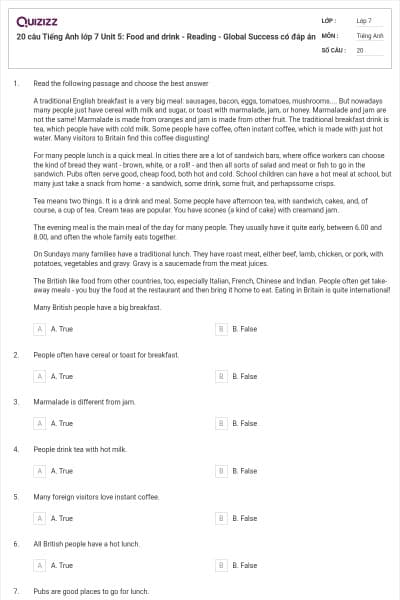 20 câu Tiếng Anh lớp 7 Unit 5: Food and drink - Reading - Global Success có đáp án