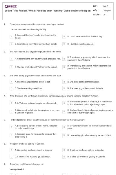 20 câu Tiếng Anh lớp 7 Unit 5: Food and drink - Writing - Global Success có đáp án