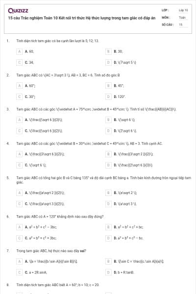 15 câu Trắc nghiệm Toán 10 Kết nối tri thức Hệ thức lượng trong tam giác có đáp án