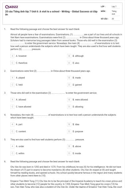 20 câu Tiếng Anh lớp 7 Unit 6: A visit to a school - Writing - Global Success có đáp án