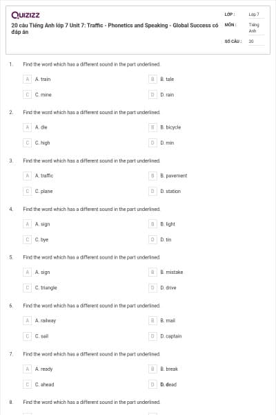 20 câu Tiếng Anh lớp 7 Unit 7: Traffic - Phonetics and Speaking - Global Success có đáp án