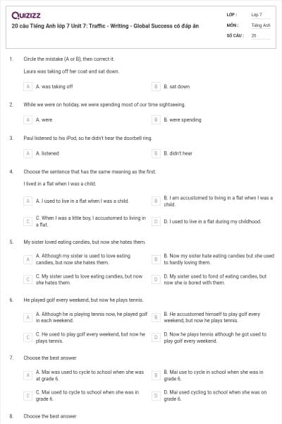 20 câu Tiếng Anh lớp 7 Unit 7: Traffic - Writing - Global Success có đáp án