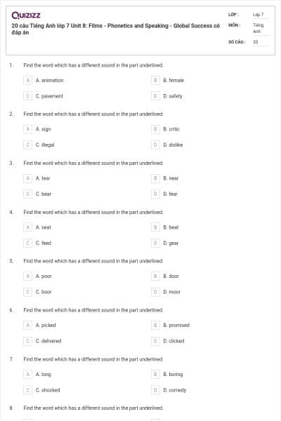 20 câu Tiếng Anh lớp 7 Unit 8: Films - Phonetics and Speaking - Global Success có đáp án