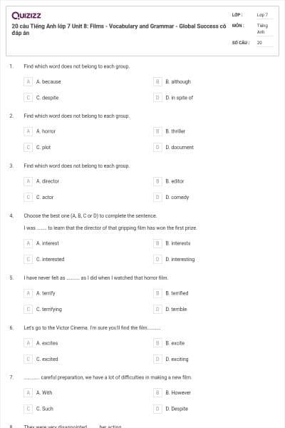 20 câu Tiếng Anh lớp 7 Unit 8: Films - Vocabulary and Grammar - Global Success có đáp án