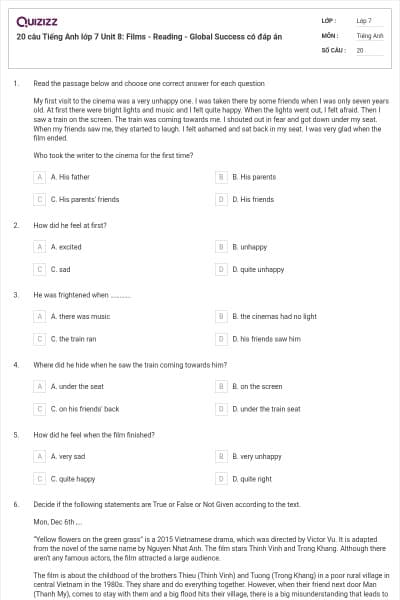 20 câu Tiếng Anh lớp 7 Unit 8: Films - Reading - Global Success có đáp án