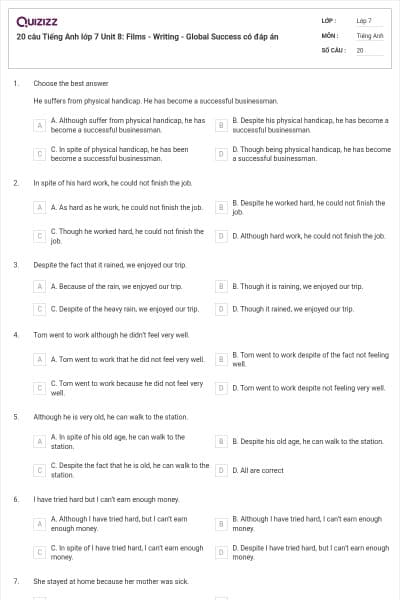 20 câu Tiếng Anh lớp 7 Unit 8: Films - Writing - Global Success có đáp án