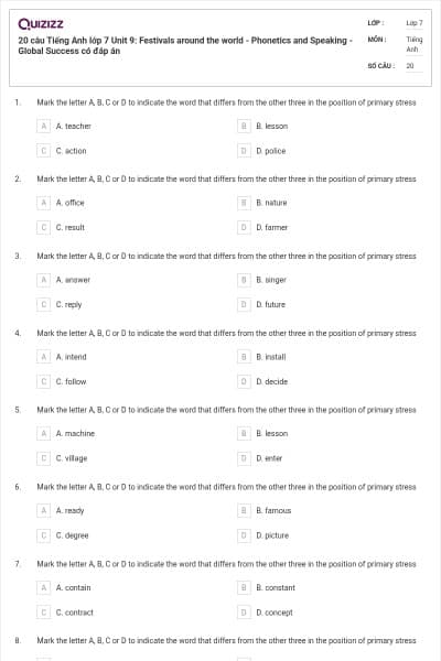 20 câu Tiếng Anh lớp 7 Unit 9: Festivals around the world - Phonetics and Speaking - Global Success có đáp án